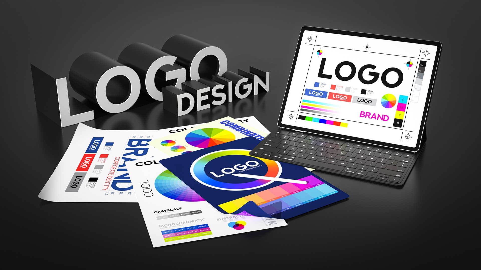 3D Logo Design Essentials. Digital tablet displaying 'Logo' with design elements, color selection, and graphic symbols. Papers with logo designs and color theory charts scattered around. 3D Rendering
